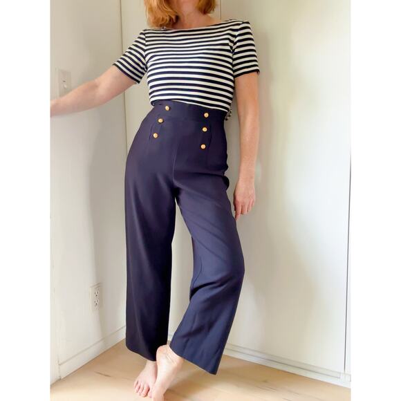 Vintage 90s Sailor Style Jumpsuit Navy White Nautical Wide Leg Size Sm/4 - Picture 3 of 8